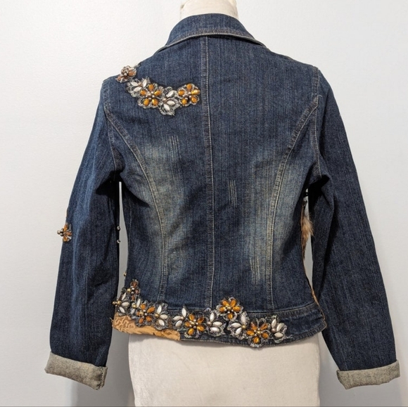 Embellished Denim Jacket by WEST 36th with Fox Fur Trim, Beaded Rhinestone - Picture 5 of 12